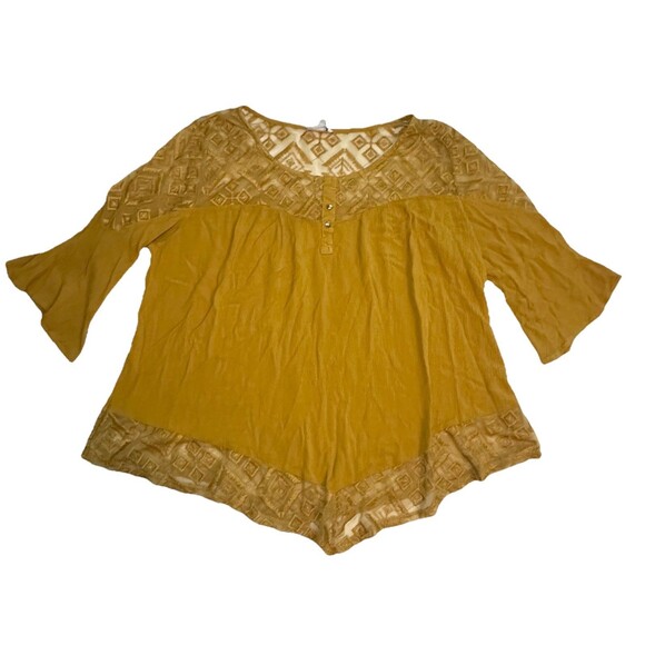 Corvia Gold Yellow Embroidered Semi Sheer Bell Sleeve Boho Blouse Women's 2X - Picture 12 of 12